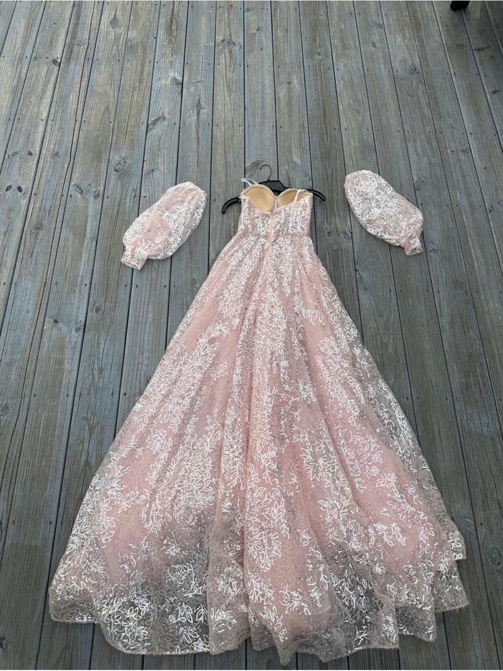 Sherri Hill Blush Pink Lace Prom Gown with Puff Sleeves - Picture 2 of 6